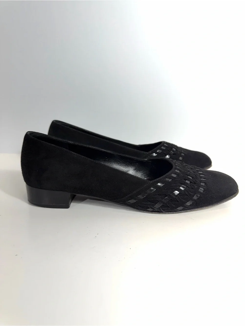 Salvatore Ferragamo Vintage Black Suede Woven Detail Block Heel Pumps 6.5 C
